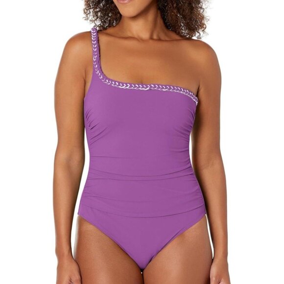 Profile By Gottex Swimsuit Womens 10 Purple Kundala Shoulder Ruffle One‎ Piece - Picture 3 of 8